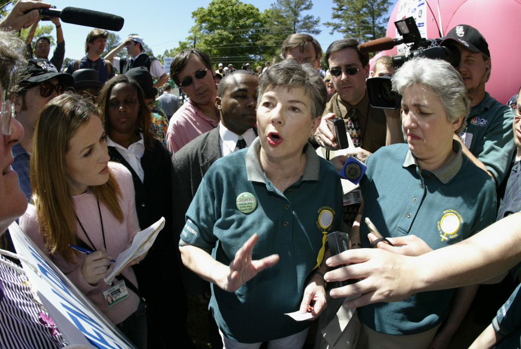 Martha Burk, Chairwoman of the National Council of Women's Organizations, talks with the media during Masters week in 2003