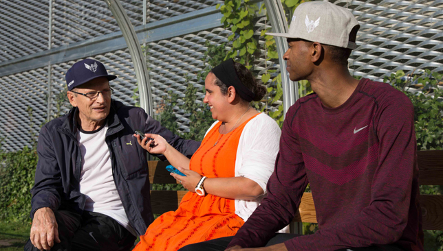Barshim (r) and coach Stanley talk to Sport360’s Reem Abulleil in Malmo.