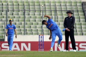 DHAKA, BANGLADESH - FEBRUARY 14: Mahipal Lomror of India bowls during the ICC U19 World Cup Final Match between India and West Indies on February 14, 2016 in Dhaka, Bangladesh. (Photo by Pal Pillai/Getty Images for Nissan)