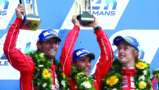 Going the distance: Webber, Bernhard and Hartley at Le Mans in 2015.