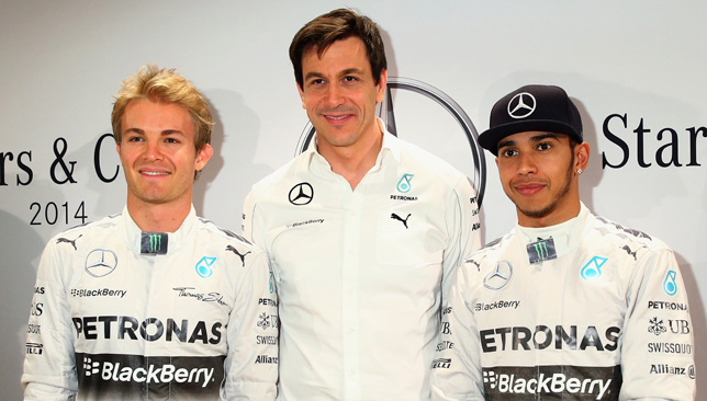 Toto Wolff (C) with Rosberg and Hamilton.