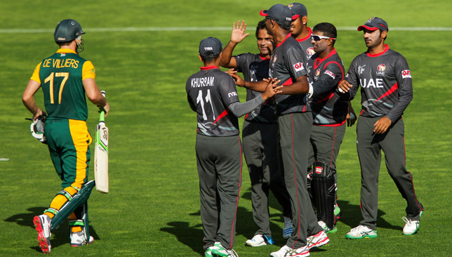 UAE players celebrate the wicket of AB de Villiers at the World Cup.