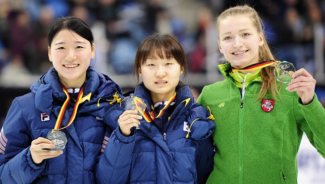 Lithuania's Agne Sereikaite (right) after the women's 1500m final race of the ISU World Cup.