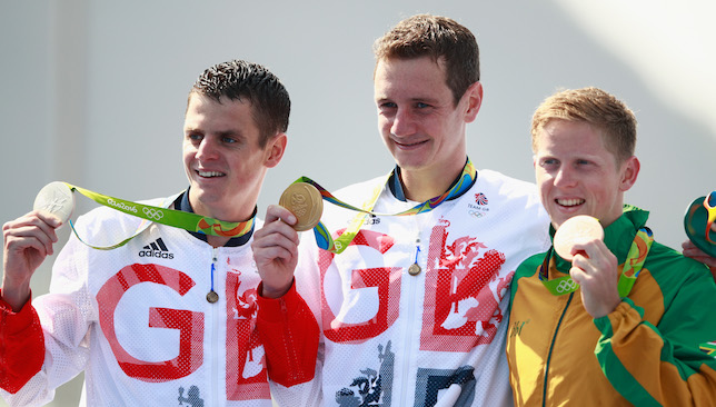 On the podium: With Britain's Brownlee brothers.