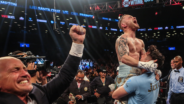 NEW YORK, NY - JULY 30: Carl Frampton celebrates his win after defeating Leo Santa Cruz in the 12 round WBA Super featherweight championship bout at Barclays Center on July 30, 2016 in the Brooklyn borough in New York City. (Photo by Anthony Geathers/Getty Images)