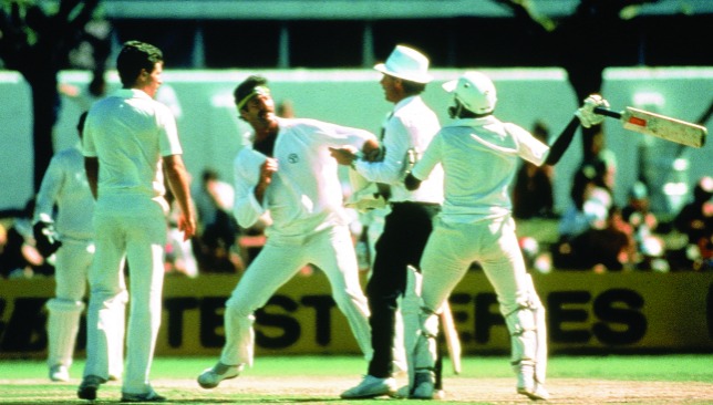 Kicking up a strom: Miandad and Lillee lose their heads in Perth.