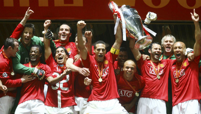 Manchester United players celebrate after a win against rivals Chelsea in the Champions League Final.