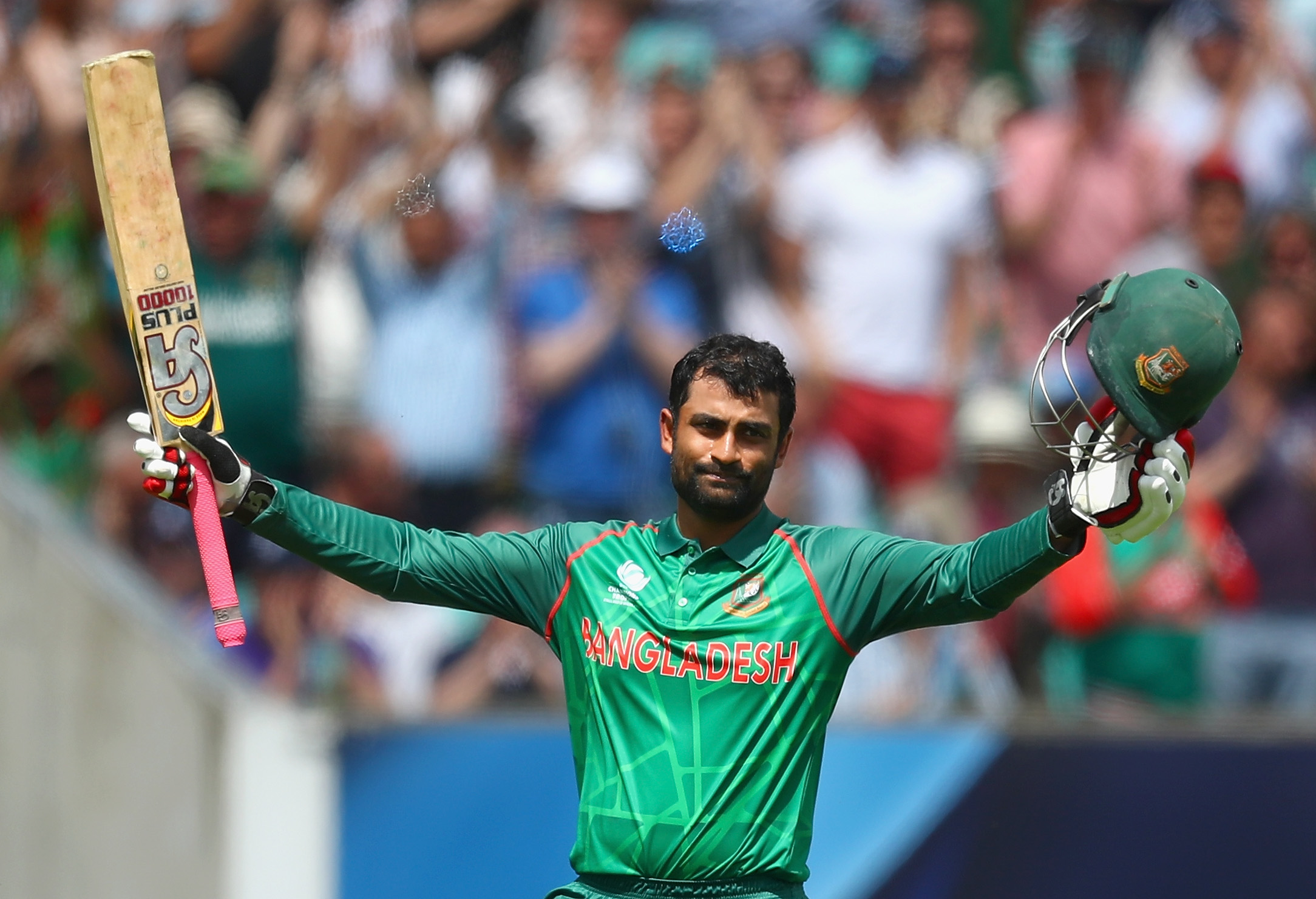 LONDON, ENGLAND - JUNE 01: Tamim Iqbal Khan of Bangladesh celebrates his century during the ICC Champions Cup Group A match between England and Bangladesh at The Kia Oval on June 1, 2017 in London, England. (Photo by Clive Rose/Getty Images)