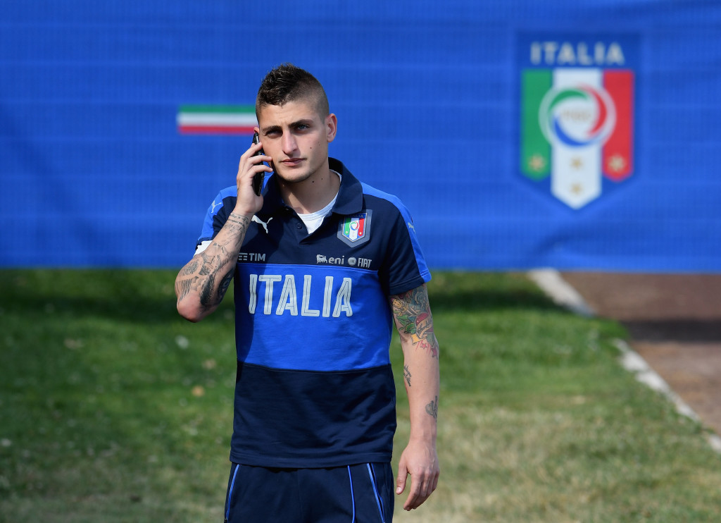 FLORENCE, ITALY - JUNE 04: Marco Verratti of Italy looks on prior to the training session at Coverciano at Coverciano on June 04, 2017 in Florence, Italy. (Photo by Claudio Villa/Getty Images)