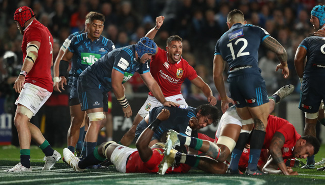 The Lions celebrate CJ Stander's try.