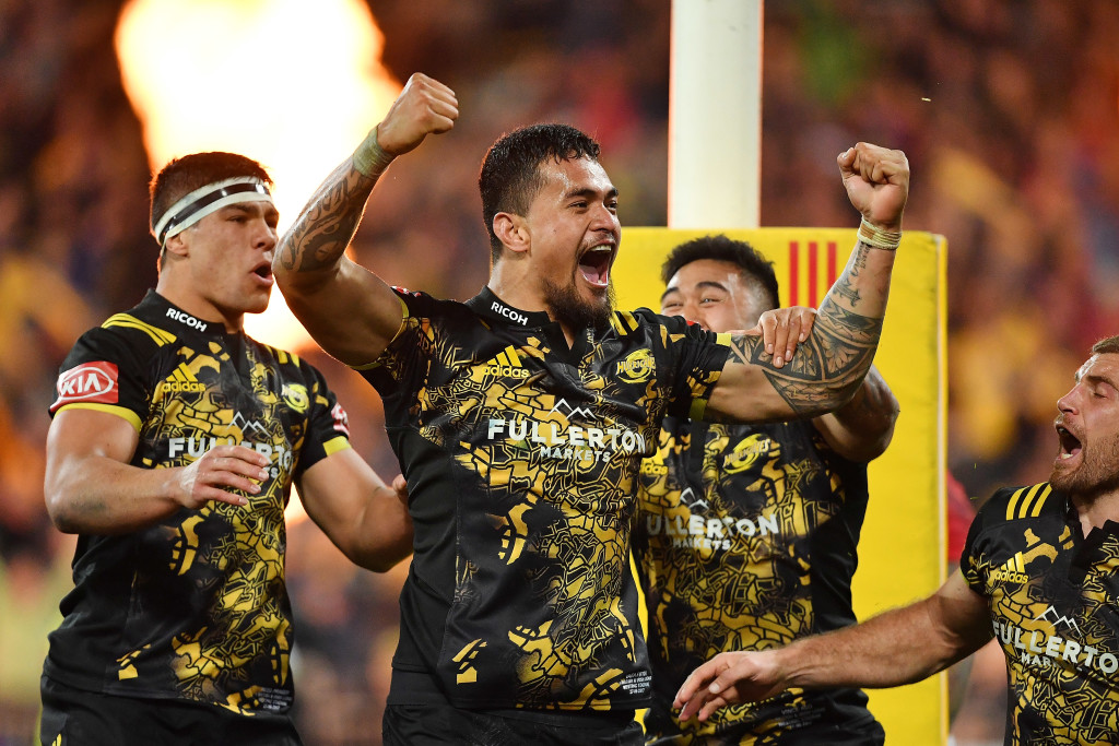 WELLINGTON, NEW ZEALAND - JUNE 27: Vaea Fifita of the Hurricanes celebrates scoring during the match between the Hurricanes and the British & Irish Lions at Westpac Stadium on June 27, 2017 in Wellington, New Zealand. (Photo by Mark Tantrum/Getty Images)
