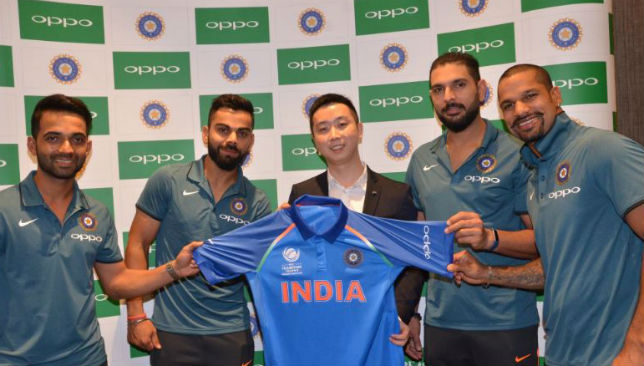 Team India players pose with the new Oppo-sponsored jersey.