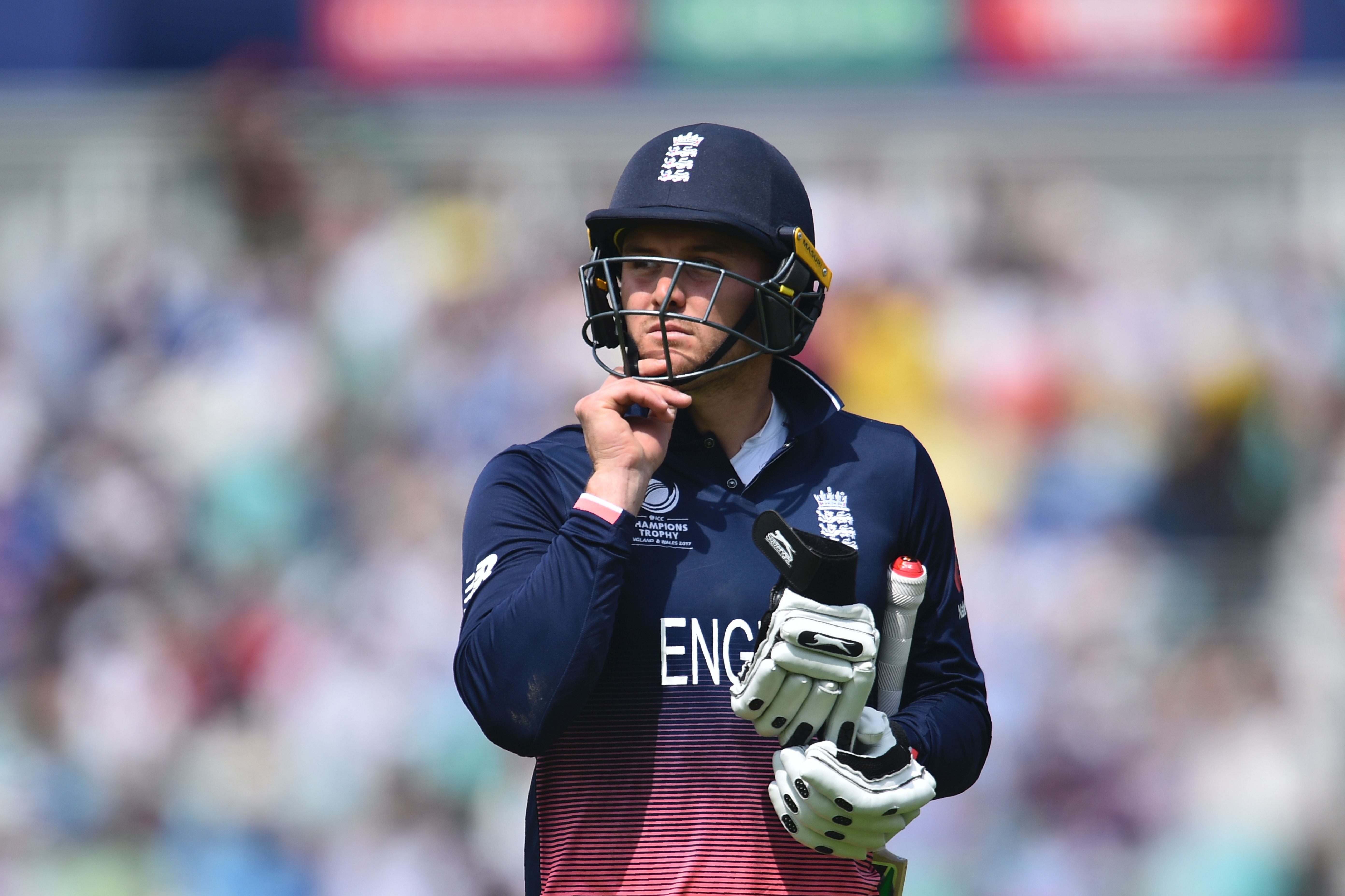 England's Jason Roy leaves the pitch after getting out for 1 run during the ICC Champions trophy cricket match between England and Bangladesh at The Oval in London on June 1, 2017. / AFP PHOTO / Glyn KIRK / RESTRICTED TO EDITORIAL USE (Photo credit should read GLYN KIRK/AFP/Getty Images)