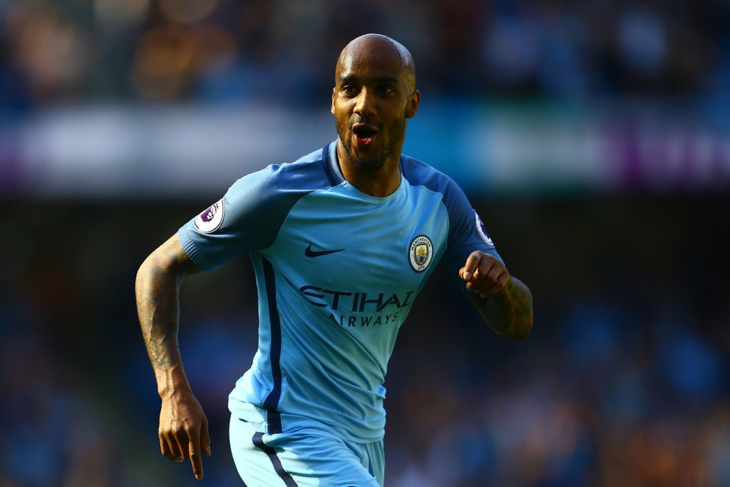 Manchester City's English midfielder Fabian Delph celebrates scoring his team's third goal during the English Premier League football match between Manchester City and Hull City at the Etihad Stadium in Manchester, north west England, on April 8, 2017. / AFP PHOTO / Geoff CADDICK / RESTRICTED TO EDITORIAL USE. No use with unauthorized audio, video, data, fixture lists, club/league logos or 'live' services. Online in-match use limited to 75 images, no video emulation. No use in betting, games or single club/league/player publications. / (Photo credit should read GEOFF CADDICK/AFP/Getty Images)