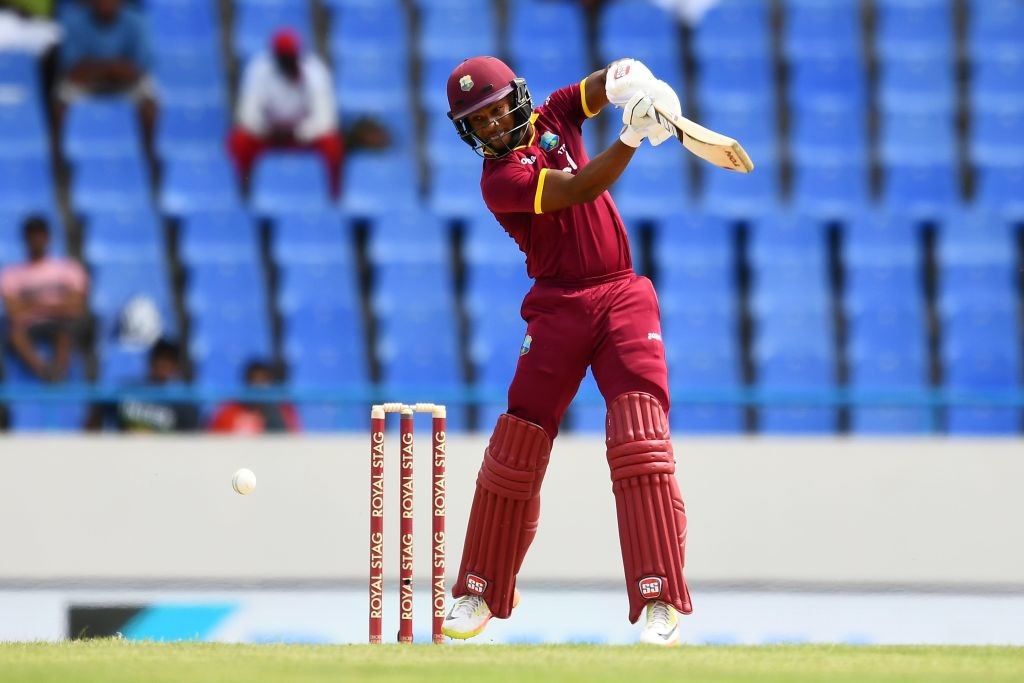 West Indies' Shai Hope plays a shot during the third One Day International (ODI) match between West Indies and India, at the Sir Vivian Richards Cricket Ground in St. John's, Antigua, on June 30, 2107. / AFP PHOTO / Jewel SAMAD (Photo credit should read JEWEL SAMAD/AFP/Getty Images)