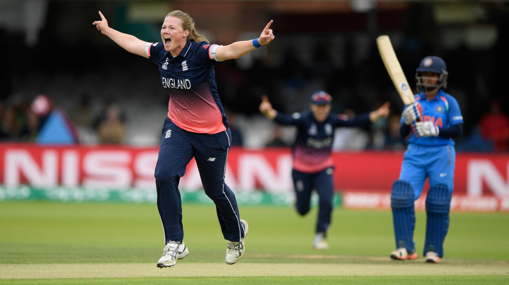 The wicket that changed it all - Shrubsole exults after dismissing Raut.
