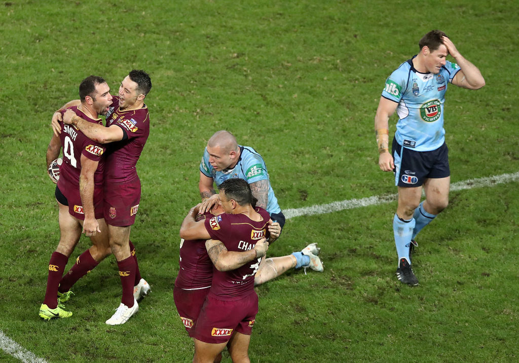 BRISBANE, AUSTRALIA - JULY 12: Cameron Smith and Cooper Cronk of the Maroons celebrate victory during game three of the State Of Origin series between the Queensland Maroons and the New South Wales Blues at Suncorp Stadium on July 12, 2017 in Brisbane, Australia. (Photo by Ryan Pierse/Getty Images)