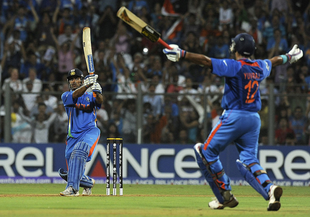 The reaction of Yuvraj Singh says it all as Dhoni hits the winning six.