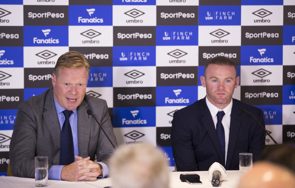 LIVERPOOL, ENGLAND - JULY 10: New Everton Signing Wayne Rooney at a press conference with his new Manager Ronald Koeman at Goodison Park on July 10, 2017 in Liverpool, England. (Photo by Mark Robinson/Getty Images)