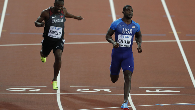 Gatlin streaked through his heat in a winning time of 10.05 sec.