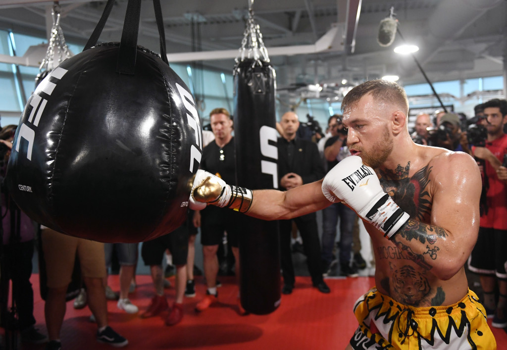 LAS VEGAS, NV - AUGUST 11: UFC lightweight champion Conor McGregor hits an uppercut bag during a media workout at the UFC Performance Institute on August 11, 2017 in Las Vegas, Nevada. McGregor will fight Floyd Mayweather Jr. in a boxing match at T-Mobile Arena on August 26 in Las Vegas. (Photo by Ethan Miller/Getty Images)