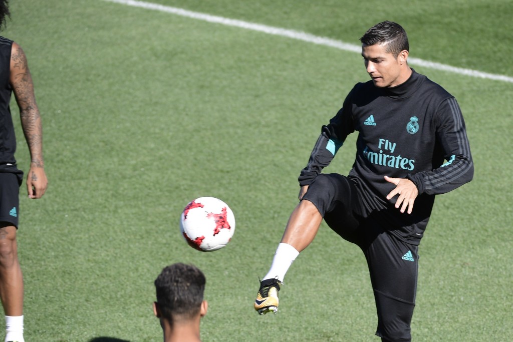Real Madrid's Portuguese forward Cristiano Ronaldo takes part in a training session at Real Madrid sport city in Madrid on August 12, 2017, on the eve of the Spanish SuperCup first leg football match Real Madrid CF vs FC Barcelona. / AFP PHOTO / JAVIER SORIANO (Photo credit should read JAVIER SORIANO/AFP/Getty Images)