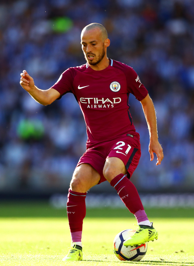 BRIGHTON, ENGLAND - AUGUST 12: David Silva of Manchester City in action during the Premier League match between Brighton and Hove Albion and Manchester City at Amex Stadium on August 12, 2017 in Brighton, England. (Photo by Dan Istitene/Getty Images)