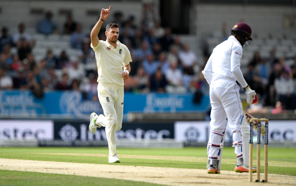 LEEDS, ENGLAND - AUGUST 26: England bowler James Anderson celebrates dismissing Kyle Hope during day two of the 2nd Investec Test match between England and West Indies at Headingley on August 26, 2017 in Leeds, England. (Photo by Stu Forster/Getty Images)