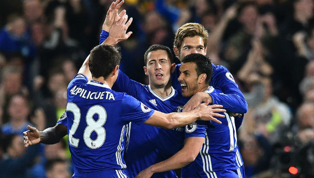 Eden Hazard celebrates with his team mates.