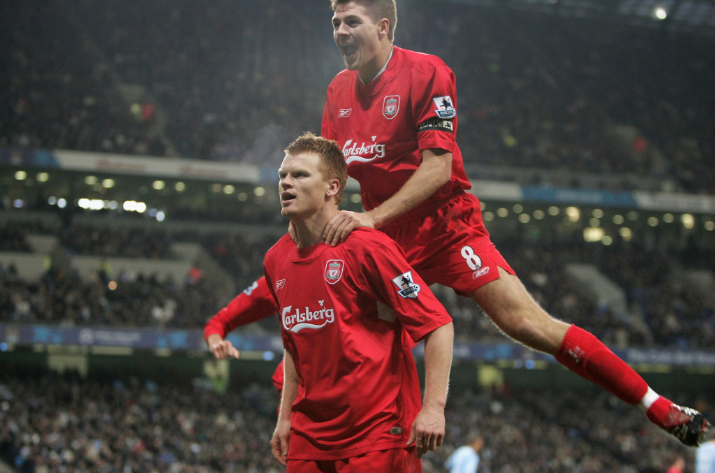 Riise celebrates his winner against Man City in 2005 with Gerrard