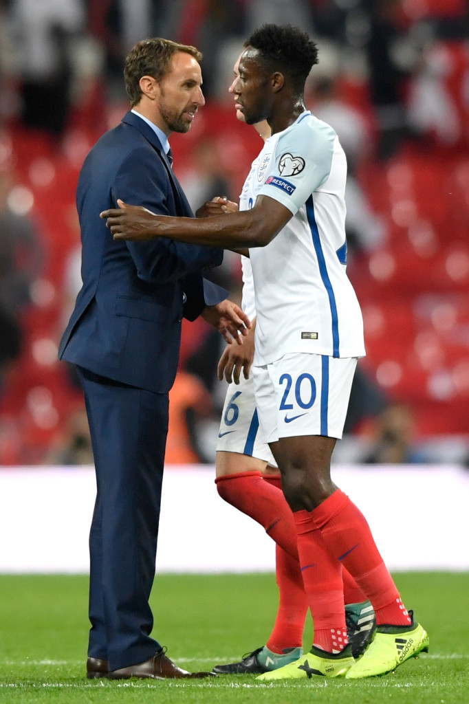 LONDON, ENGLAND - SEPTEMBER 04: Gareth Southgate manager of England and Danny Welbeck of England shake hands after the FIFA 2018 World Cup Qualifier between England and Slovakia at Wembley Stadium on September 4, 2017 in London, England. (Photo by Stu Forster/Getty Images)