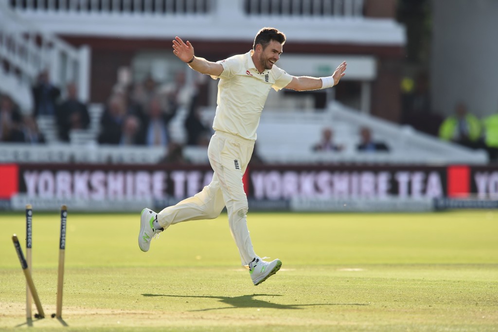 England's James Anderson celebrates taking his 500th Test match wicket after taking the wicket of West Indies' Kraigg Brathwaite for 4 runs during the second day of the third international Test match between England and West Indies at Lords cricket ground in London on September 8, 2017. / AFP PHOTO / Glyn KIRK / RESTRICTED TO EDITORIAL USE. NO ASSOCIATION WITH DIRECT COMPETITOR OF SPONSOR, PARTNER, OR SUPPLIER OF THE ECB (Photo credit should read GLYN KIRK/AFP/Getty Images)
