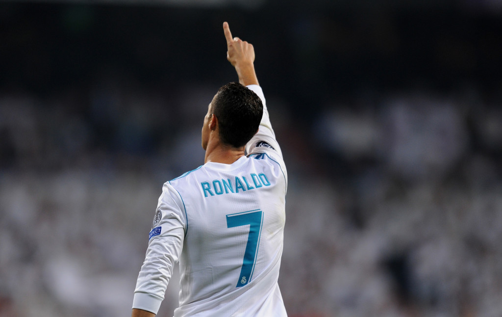 MADRID, SPAIN - SEPTEMBER 13: Cristiano Ronaldo of Real Madrid celebrates scoring his sides first goal during the UEFA Champions League group H match between Real Madrid and APOEL Nikosia at Estadio Santiago Bernabeu on September 13, 2017 in Madrid, Spain. (Photo by Denis Doyle/Getty Images)