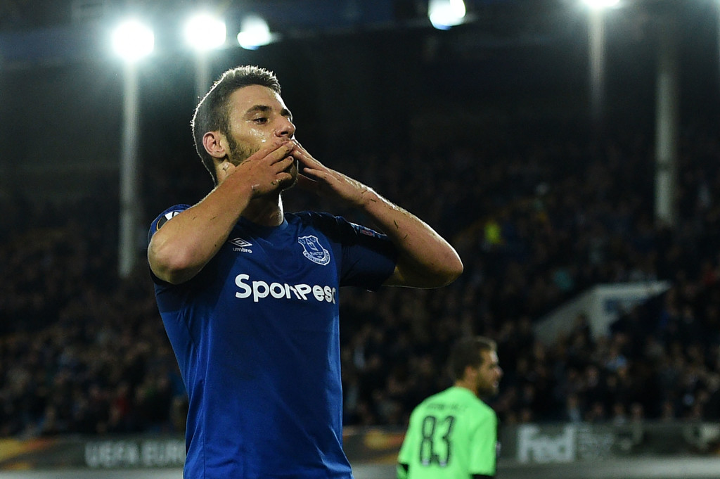 Everton's Croatian striker Nikola Vlasic celebrates scoring the team's second goal during the UEFA Europa League Group stage match between Everton and Apollon Limassol at Goodison Park, in Liverpool on September 28, 2017. / AFP PHOTO / Oli SCARFF (Photo credit should read OLI SCARFF/AFP/Getty Images)