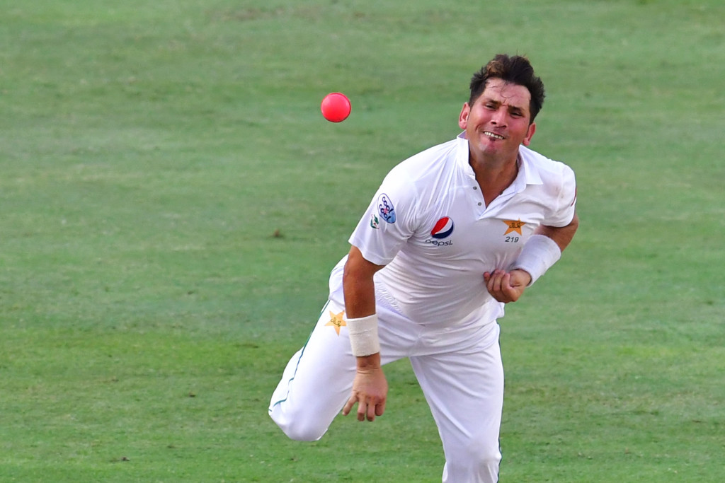 Yasir Shah of Pakistan bowls during the first day of the second Test cricket match between Sri Lanka and Pakistan at Dubai International Stadium in Dubai on October 6, 2017. / AFP PHOTO / GIUSEPPE CACACE (Photo credit should read GIUSEPPE CACACE/AFP/Getty Images)