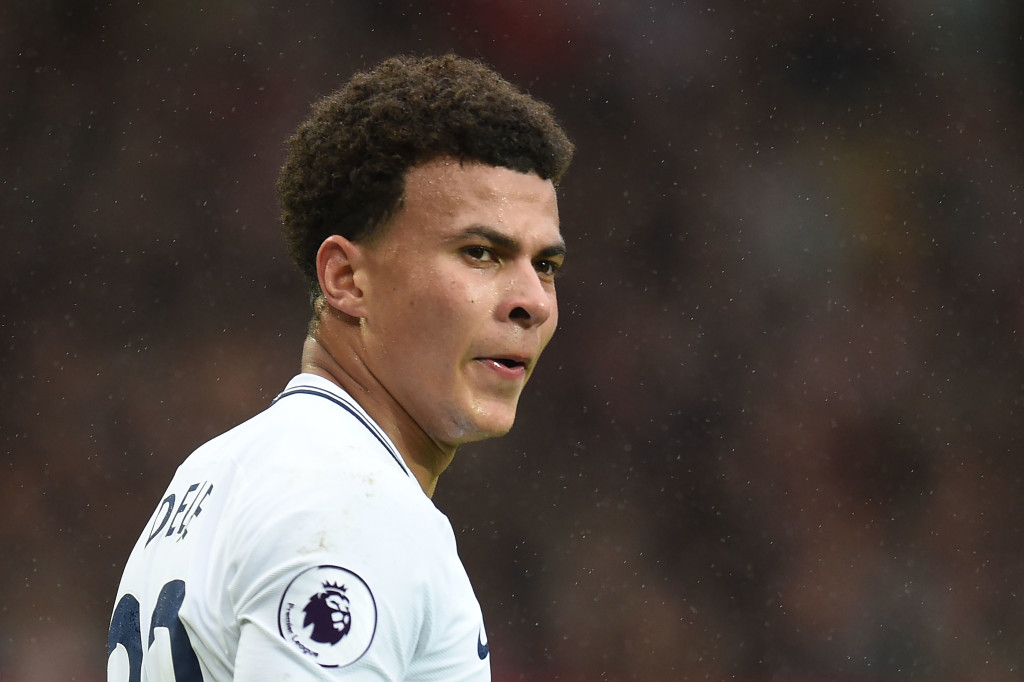 Tottenham Hotspur's English midfielder Dele Alli looks on during the English Premier League football match between Manchester United and Tottenham Hotspur at Old Trafford in Manchester, north west England, on October 28, 2017. / AFP PHOTO / Oli SCARFF / RESTRICTED TO EDITORIAL USE. No use with unauthorized audio, video, data, fixture lists, club/league logos or 'live' services. Online in-match use limited to 75 images, no video emulation. No use in betting, games or single club/league/player publications. / (Photo credit should read OLI SCARFF/AFP/Getty Images)