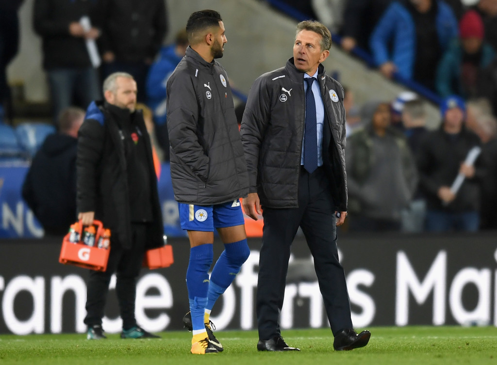 LEICESTER, ENGLAND - OCTOBER 29: Riyad Mahrez of Leicester City and Claude Puel, Manager of Leicester City in discussion after the Premier League match between Leicester City and Everton at The King Power Stadium on October 29, 2017 in Leicester, England. (Photo by Michael Regan/Getty Images)