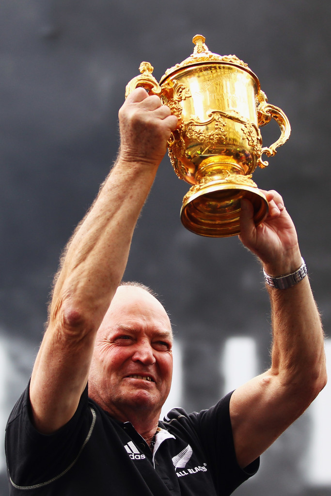 AUCKLAND, NEW ZEALAND - OCTOBER 24: Head coach Graham Hnery of the All Blacks holds up the Webb Ellis Cup during the New Zealand All Blacks 2011 IRB Rugby World Cup celebration parade on October 24, 2011 in Auckland, New Zealand. The All Blacks won the 2011 RWC Final last night by defeating France 8-7 at Eden Park. (Photo by Hannah Peters/Getty Images)
