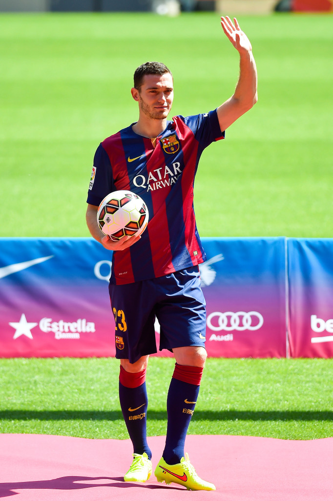 BARCELONA, SPAIN - AUGUST 10: Thomas Vermaelen poses as he is unveiled as a new player for FC Barcelona at the Camp Nou stadium on August 10, 2014 in Barcelona, Spain. (Photo by David Ramos/Getty Images)