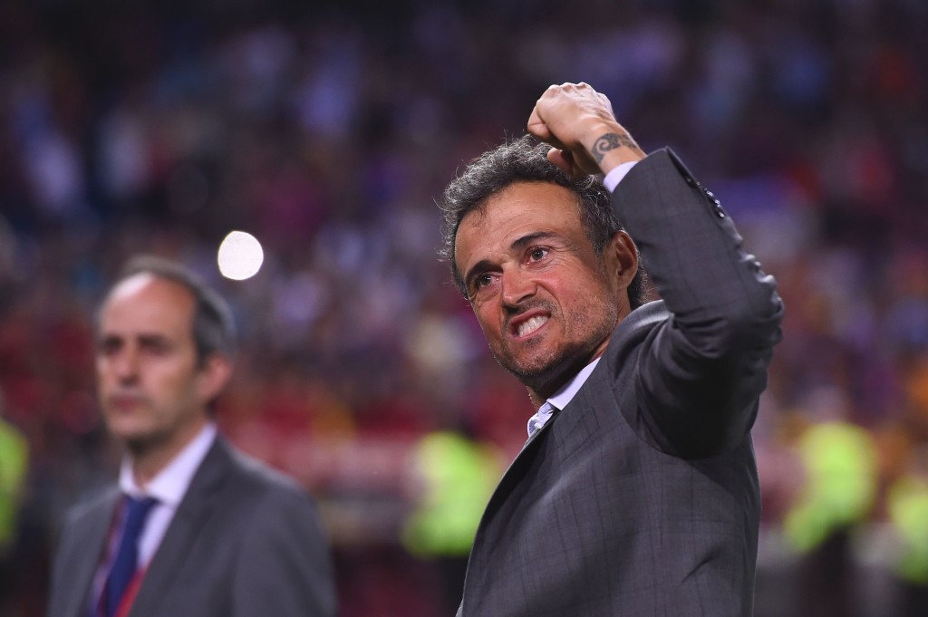 Barcelona's coach Luis Enrique celebrates their victory after the team won the Spanish Copa del Rey (King's Cup) final football match FC Barcelona vs Deportivo Alaves at the Vicente Calderon stadium in Madrid on May 27, 2017. Barcelona won 3-1. / AFP PHOTO / Josep LAGO (Photo credit should read JOSEP LAGO/AFP/Getty Images)
