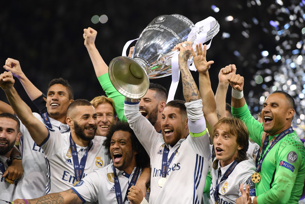 CARDIFF, WALES - JUNE 03: Sergio Ramos of Real Madrid lifts The Champions League trophy after the UEFA Champions League Final between Juventus and Real Madrid at National Stadium of Wales on June 3, 2017 in Cardiff, Wales. (Photo by Matthias Hangst/Getty Images)