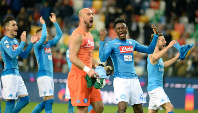 Triumph: Napoli players celebrate a 1-0 win over Udinese