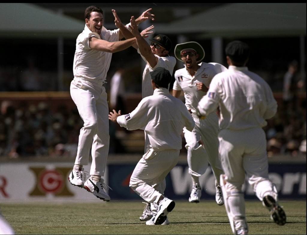 Damien Fleming celebrates a wicket at the Waca in 1998