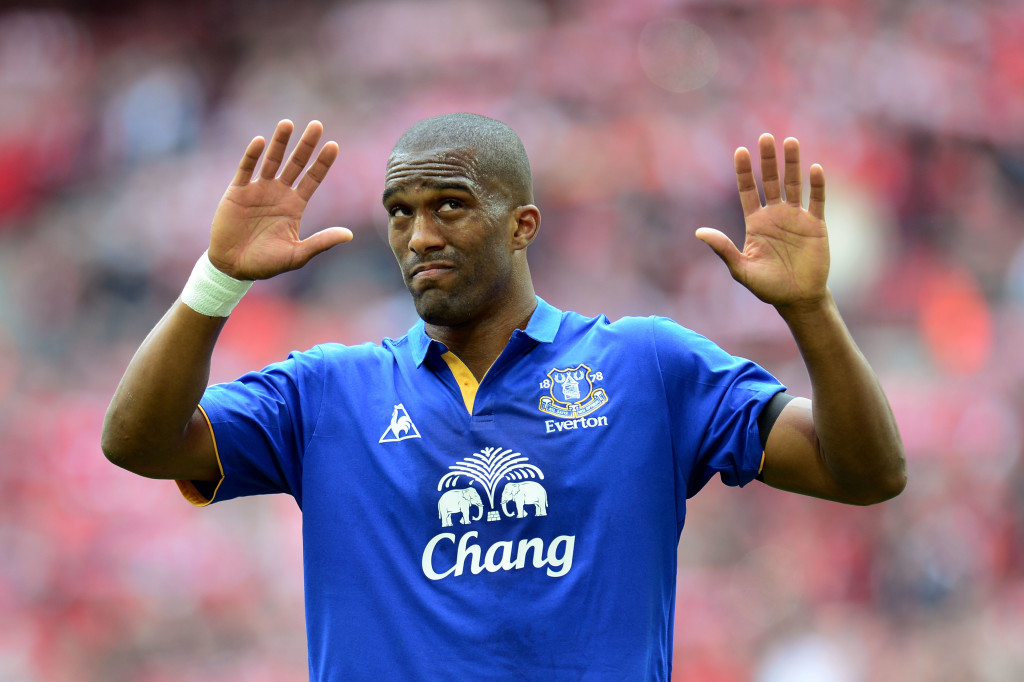 LONDON, ENGLAND - APRIL 14: Sylvain Distin of Everton apologises to fans after defeat in the FA Cup with Budweiser Semi Final match between Liverpool and Everton at Wembley Stadium on April 14, 2012 in London, England. (Photo by Shaun Botterill/Getty Images)