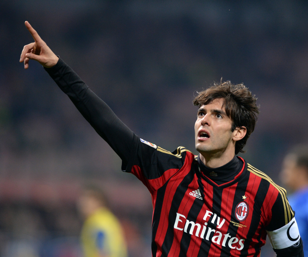 MILAN, ITALY - MARCH 29: Kaka of AC Milan celebrates scoring the third goal during the Serie A match between AC Milan and AC Chievo Verona at San Siro Stadium on March 29, 2014 in Milan, Italy. (Photo by Claudio Villa/Getty Images)