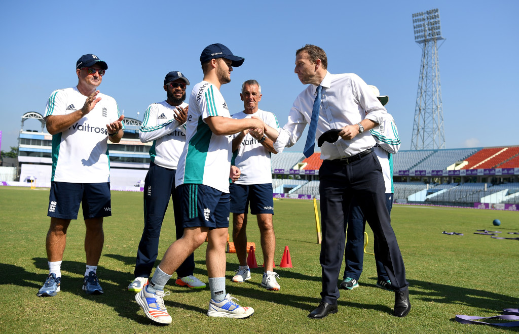 CHITTAGONG, BANGLADESH - OCTOBER 20: Ben Duckett of England is presented with his test cap by former captain Michael Atherton ahead of the first Test match between Bangladesh and England at Zohur Ahmed Chowdhury Stadium on October 20, 2016 in Chittagong, Bangladesh. (Photo by Gareth Copley/Getty Images)
