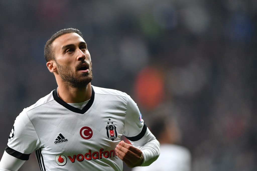 Besiktas' Turkish forward Cenk Tosun celebrates after scoring a goal during the UEFA Champions League Group G football match between Besiktas and Monaco on November 1, 2017, at the Vodafone Park in Istanbul. / AFP PHOTO / Bulent Kilic (Photo credit should read BULENT KILIC/AFP/Getty Images)