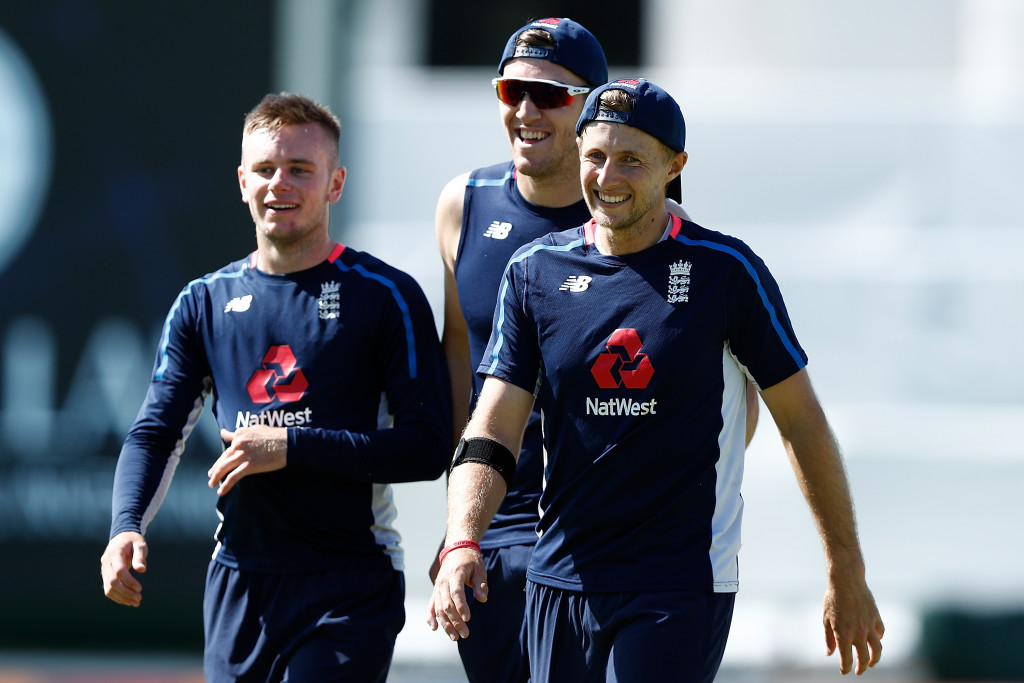PERTH, AUSTRALIA - DECEMBER 13: Mason Crane, Craig Overton and Joe Root of England walk from the field warming up during an England nets session ahead of the Third Test of the 2017/18 Ashes Series at the WACA on December 13, 2017 in Perth, Australia. (Photo by Paul Kane/Getty Images)