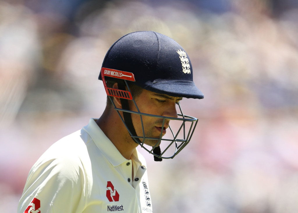 PERTH, AUSTRALIA - DECEMBER 14: Alastair Cook of England looks dejected after being dismissed by Mitchell Starc of Australia during day one of the Third Test match of the 2017/18 Ashes Series between Australia and England at WACA on December 14, 2017 in Perth, Australia. (Photo by Ryan Pierse/Getty Images)