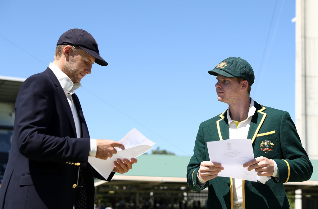 Steve Smith and Joe Root of England meet for the coin toss 
